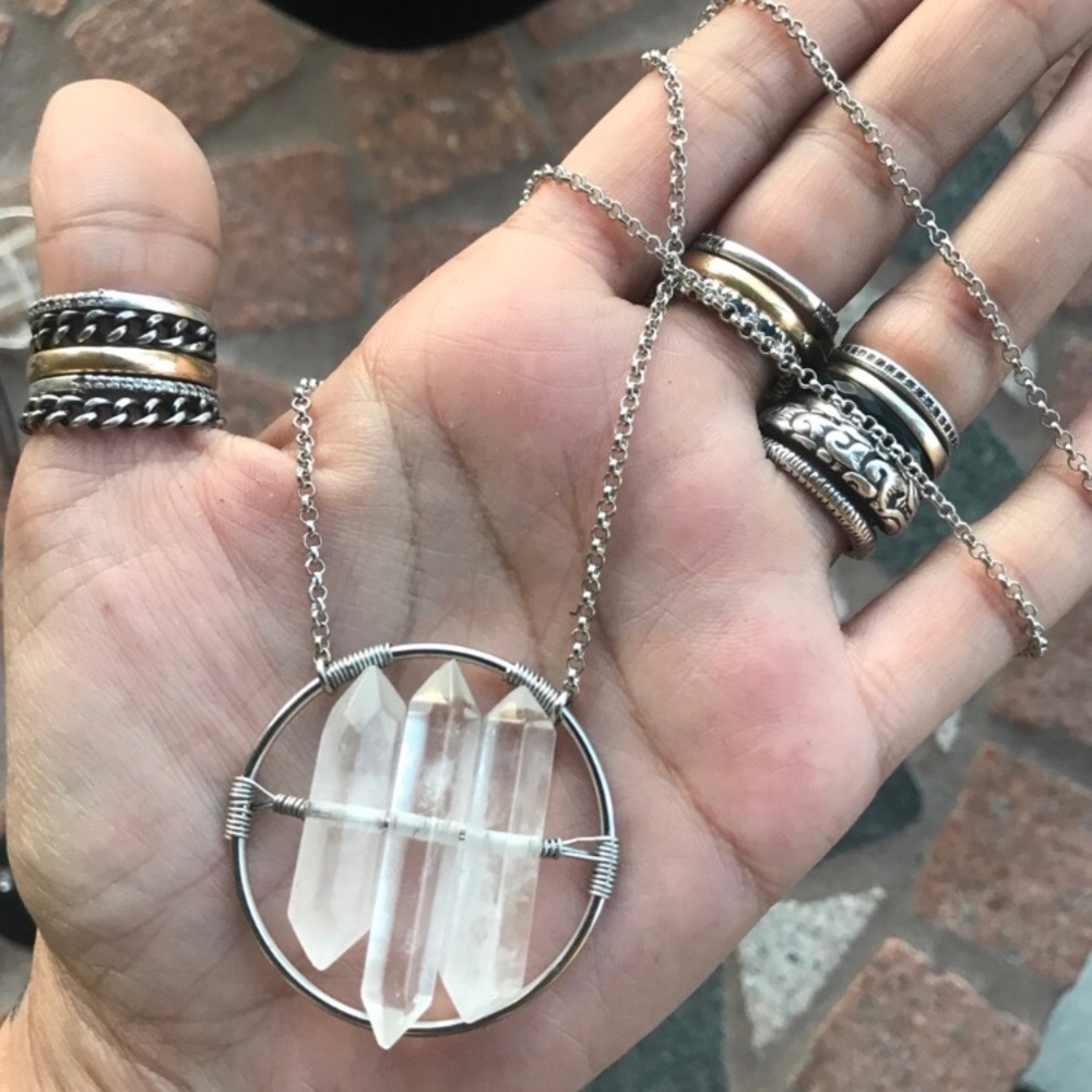 Crystal quartz necklace . 3  genuine crystal quartz double point boho gem silver - Picture 5 of 10